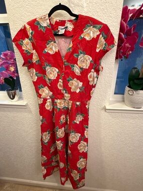 Vintage Floral Red Maxi Tea Dress 💯%Cotton by Sunshine Starshine Size 16  A-Line